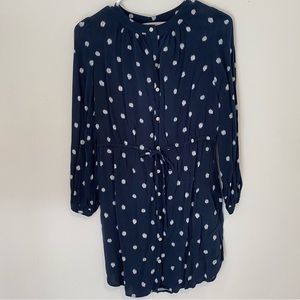 Loft Button Down Polka Dot Dress Blue and White Dress with Long-sleeve XS